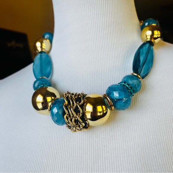 Royal Chunky Blue & Gold Tone Necklace and Earrings Maximalist Beaded - Picture 2 of 6